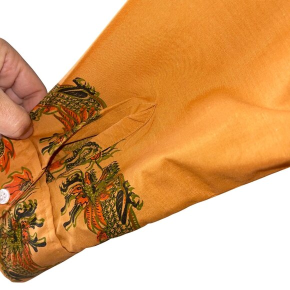 Vintage 1970s Mens Shirt Size Large Orange Dragon Button Down Long Sleeve - Picture 6 of 12